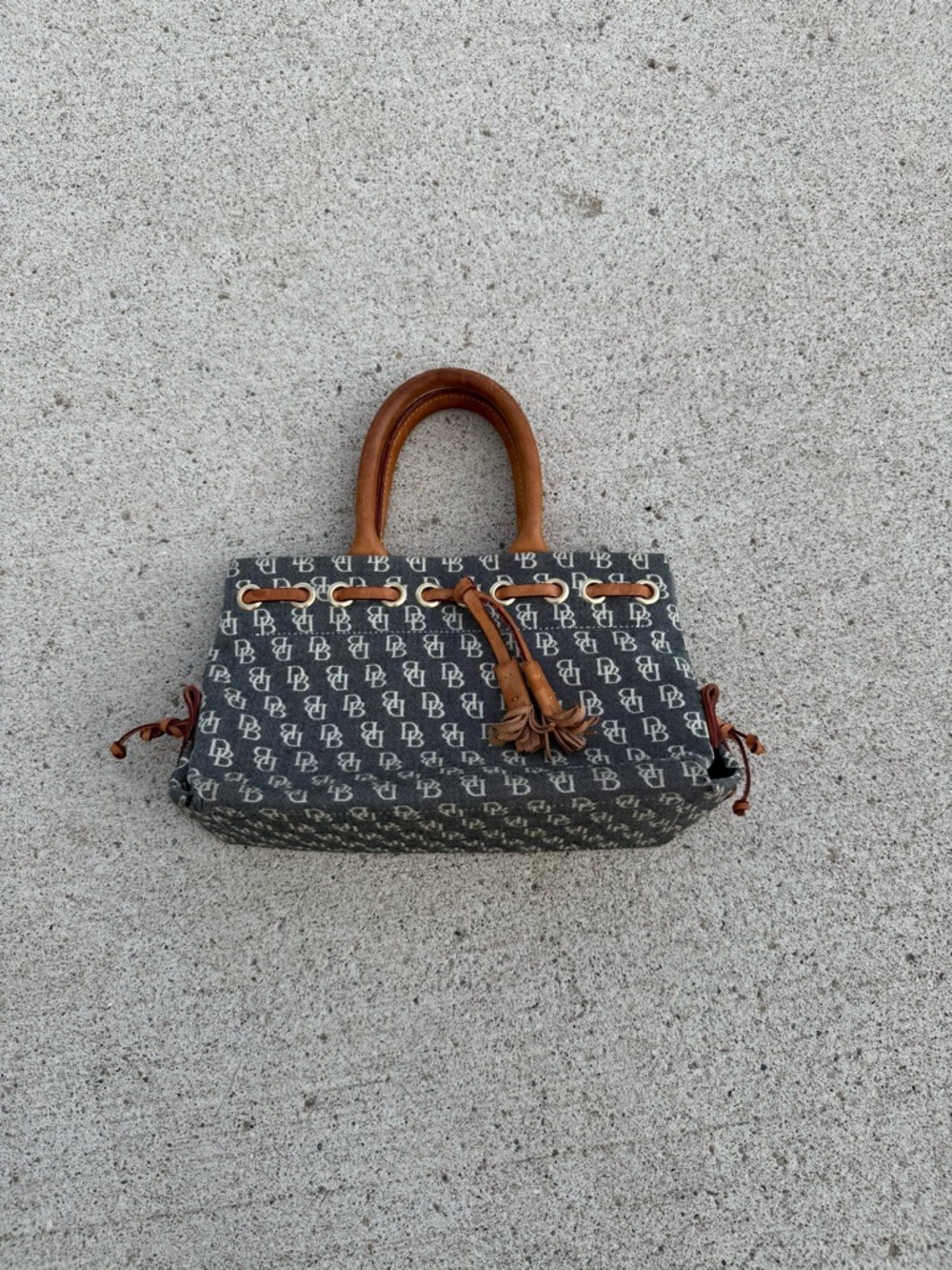 Vintage Dooney & Bourke Grey/Cream Monogram With Brown Leather